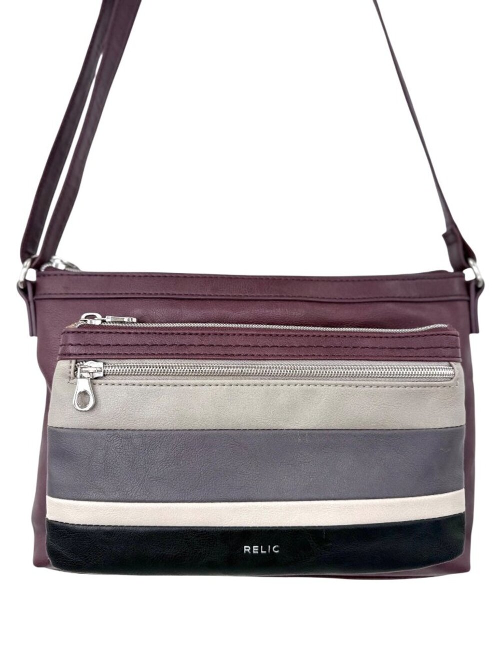 Relic by Fossil Purple Gray Black Colorblock Front Crossbody Purse Bag Adj Strap